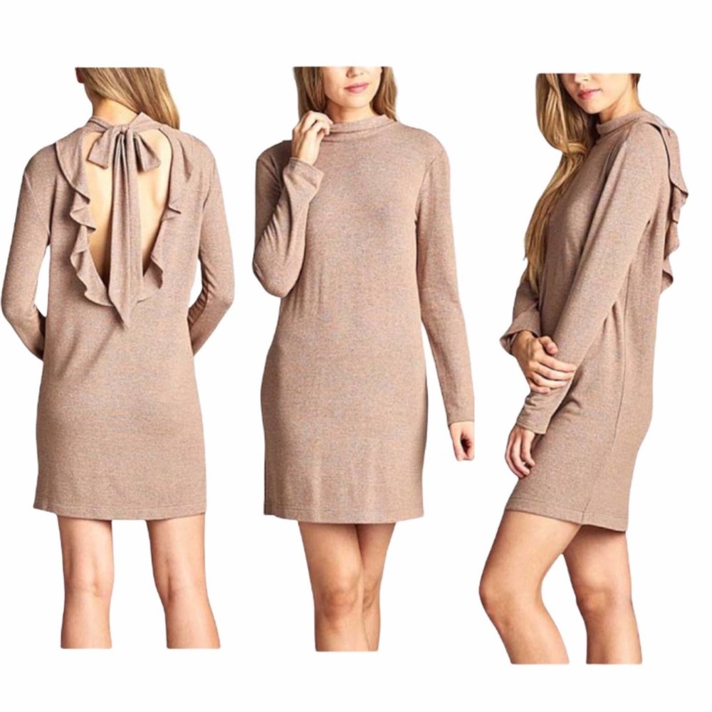 VICI | New Tan Ruffled Open Back Mock Neck Dress Aakaa •
